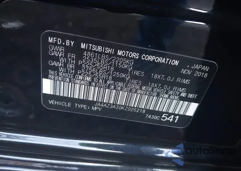 2019 Mitsubishi Outlander Le z USA, uszkodzony, nr VIN JA4AZ3A30KZ025218